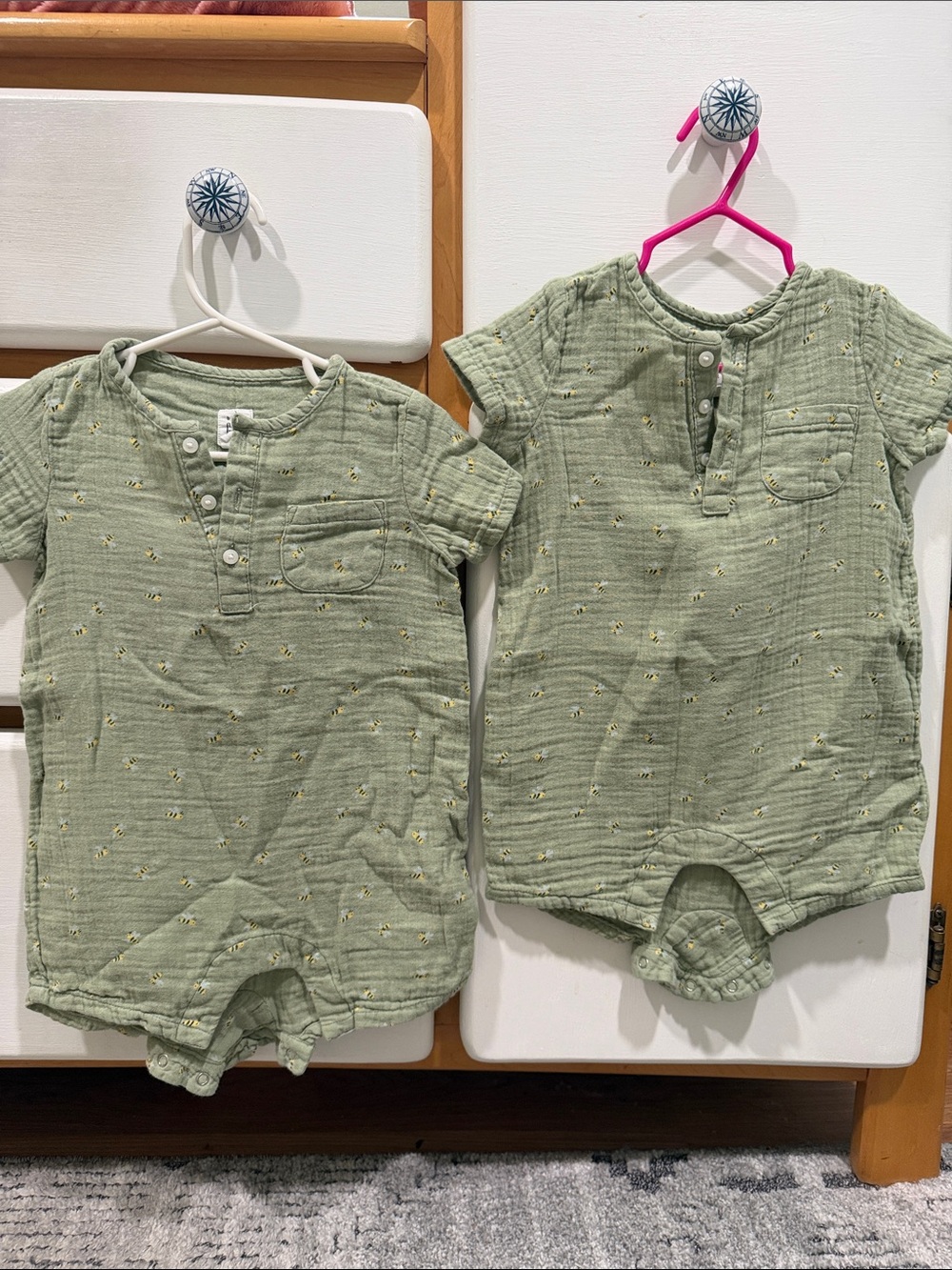 Twin set. Soft Sage Baby Short Sleeve Romper with Tiny Yellow Print